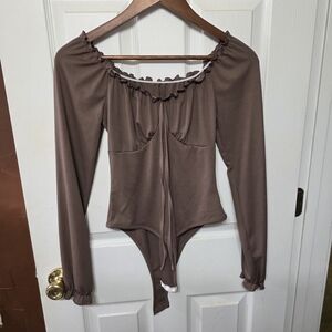 ROMWE Brown Off-Shoulder Long Sleeve Bodysuit